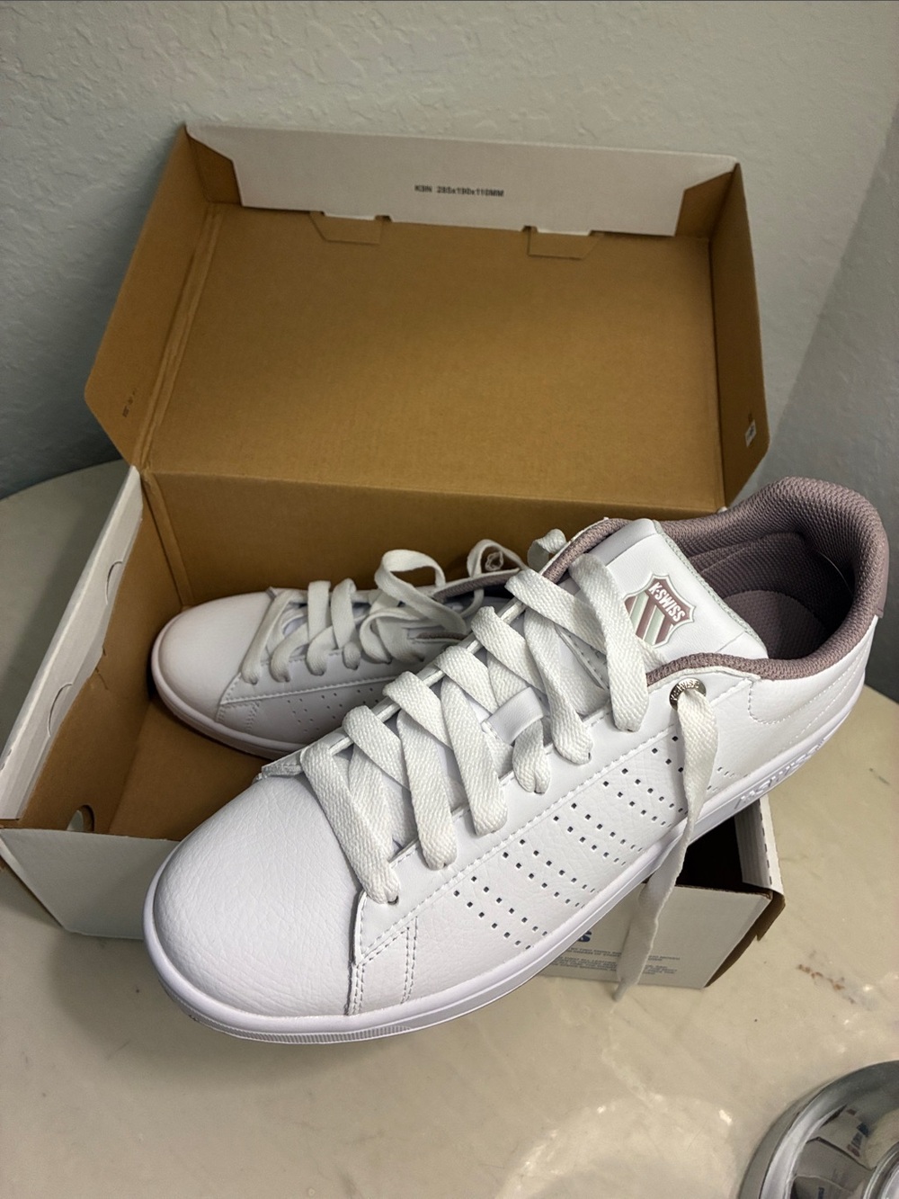 K-Swiss Base Court White Sneakers with Lavender Accents